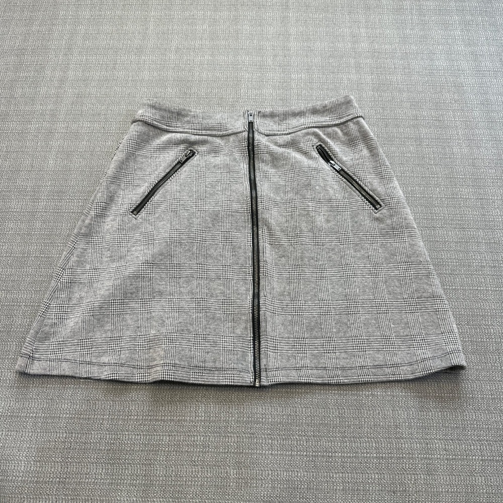 Plaid Zip Front Mini Skirt 4 Gray Black Stretch Schoolgirl Moto Preppy Academia